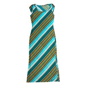 70s vintage cap sleeve maxi dress stripe multicolour semi-sheer slit homemade.